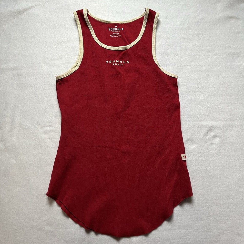YoungLA Ribbed Tank Top Mens Sz M Red Cream Trim Gym Muscle Sleeveless